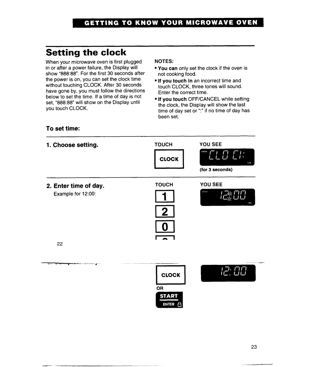 Whirlpool GH9115XE, MH9115XE warranty Setting the clock, To set time Choose setting Enter time Day, Complete entry 