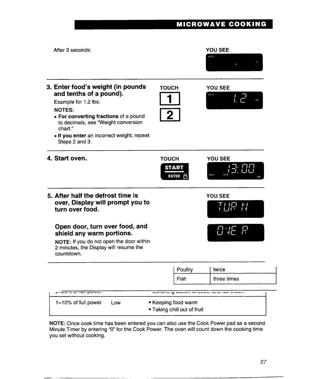 Whirlpool GH9115XE, MH9115XE warranty Enter food’s weight in pounds and tenths of a pound, Restart oven 