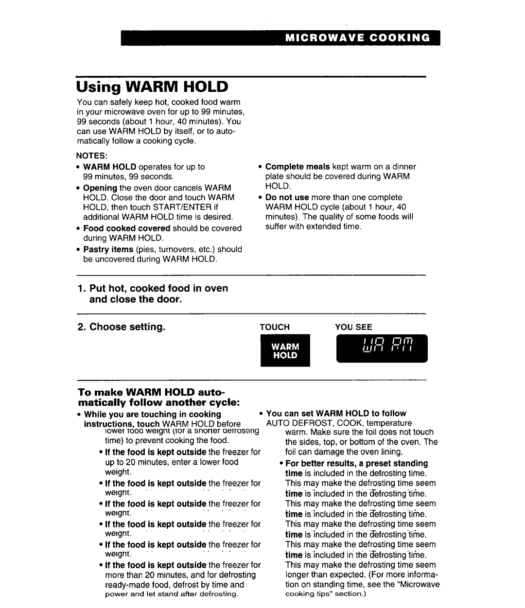 Whirlpool GH9115XE, MH9115XE warranty Using Warm Hold, Touch 