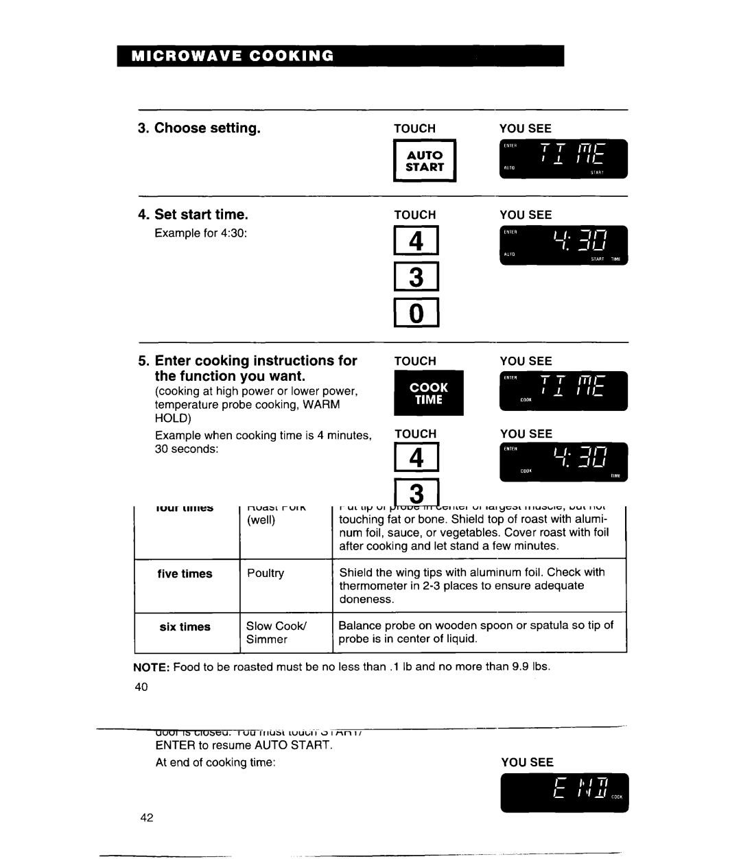 Whirlpool MH9115XE, GH9115XE warranty Choose setting Set start time, Enter cookina instructions for 