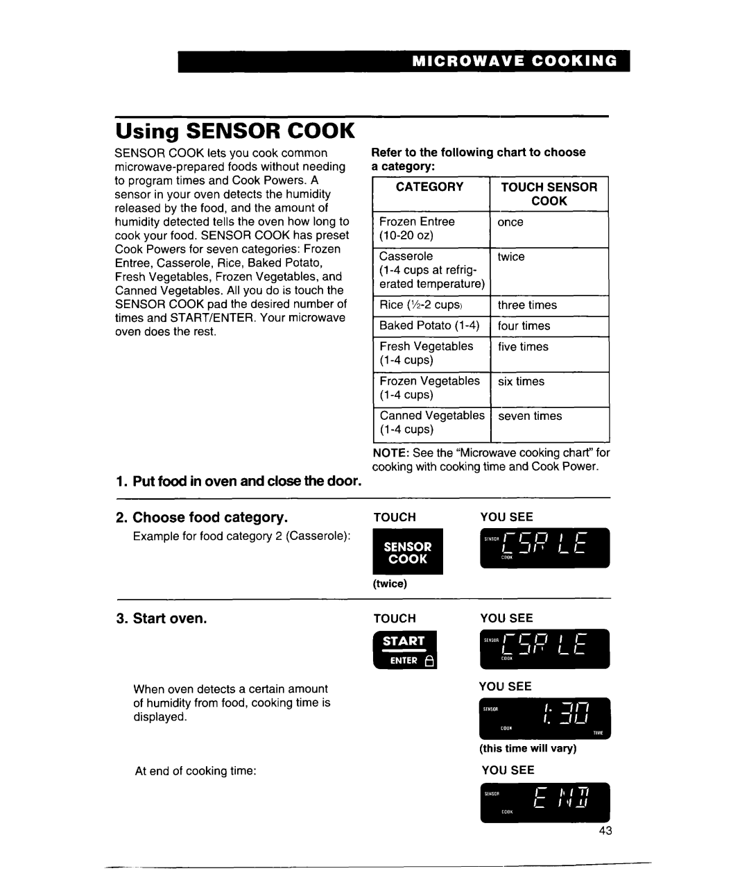 Whirlpool GH9115XE, MH9115XE Using Sensor Cook, Put food in oven and close the door, Choose food category, Touch Yolj see 