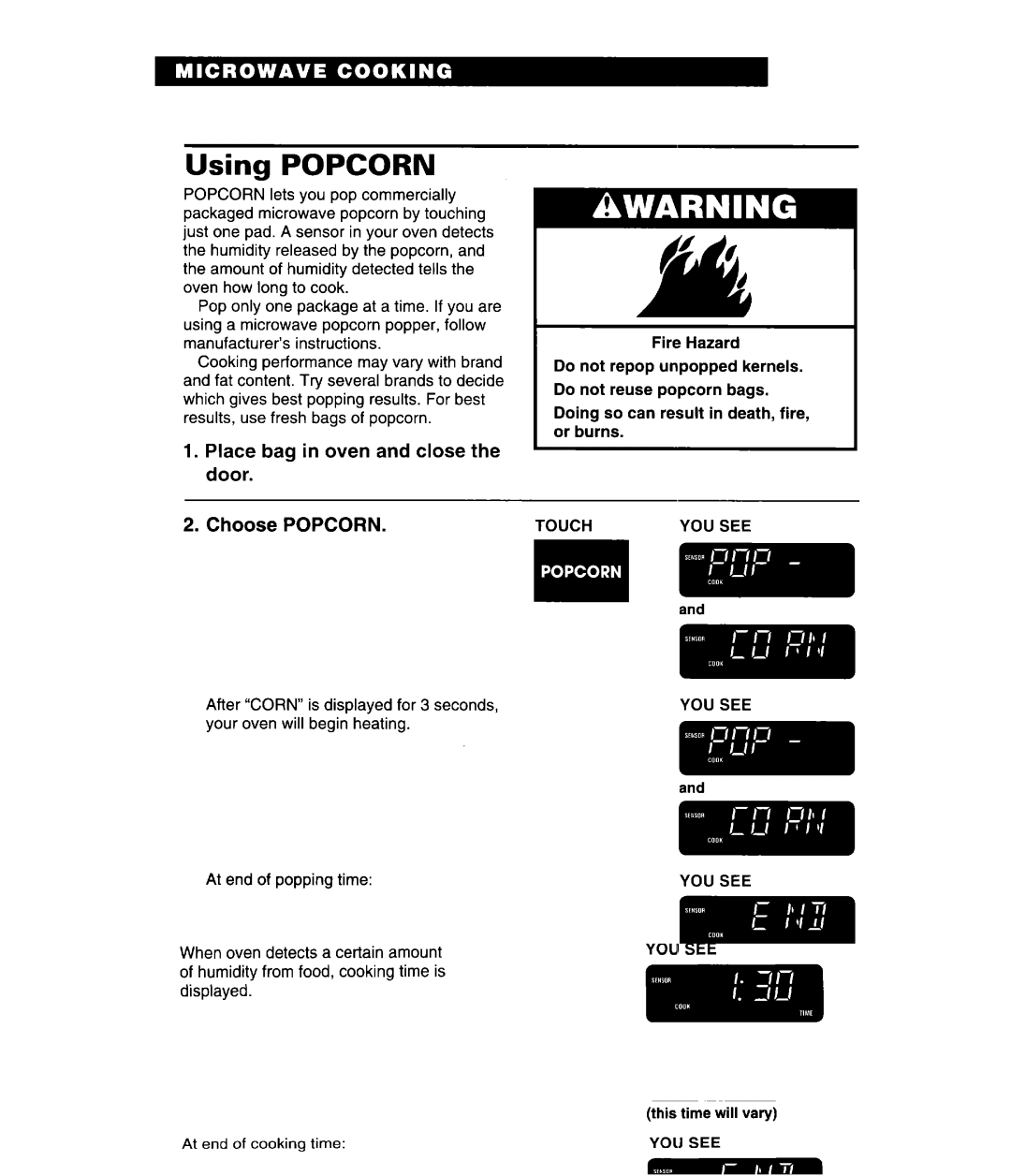 Whirlpool MH9115XE, GH9115XE warranty Using Popcorn, Place bag in oven and close the door Choose Popcorn 