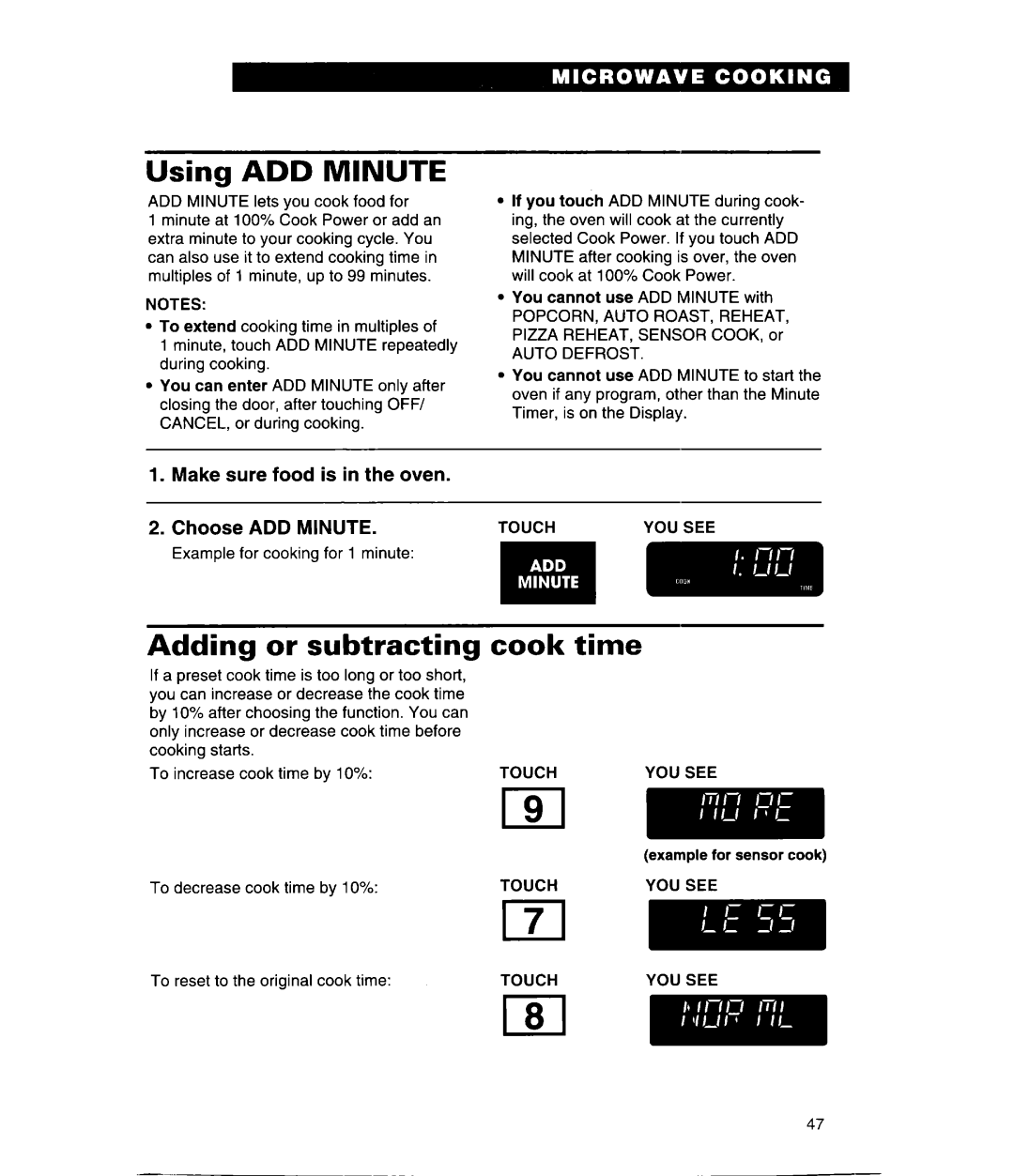 Whirlpool GH9115XE warranty Using ADD Minute, Adding Subtracting Cook Time, Make sure food is in the oven Choose ADD Minute 