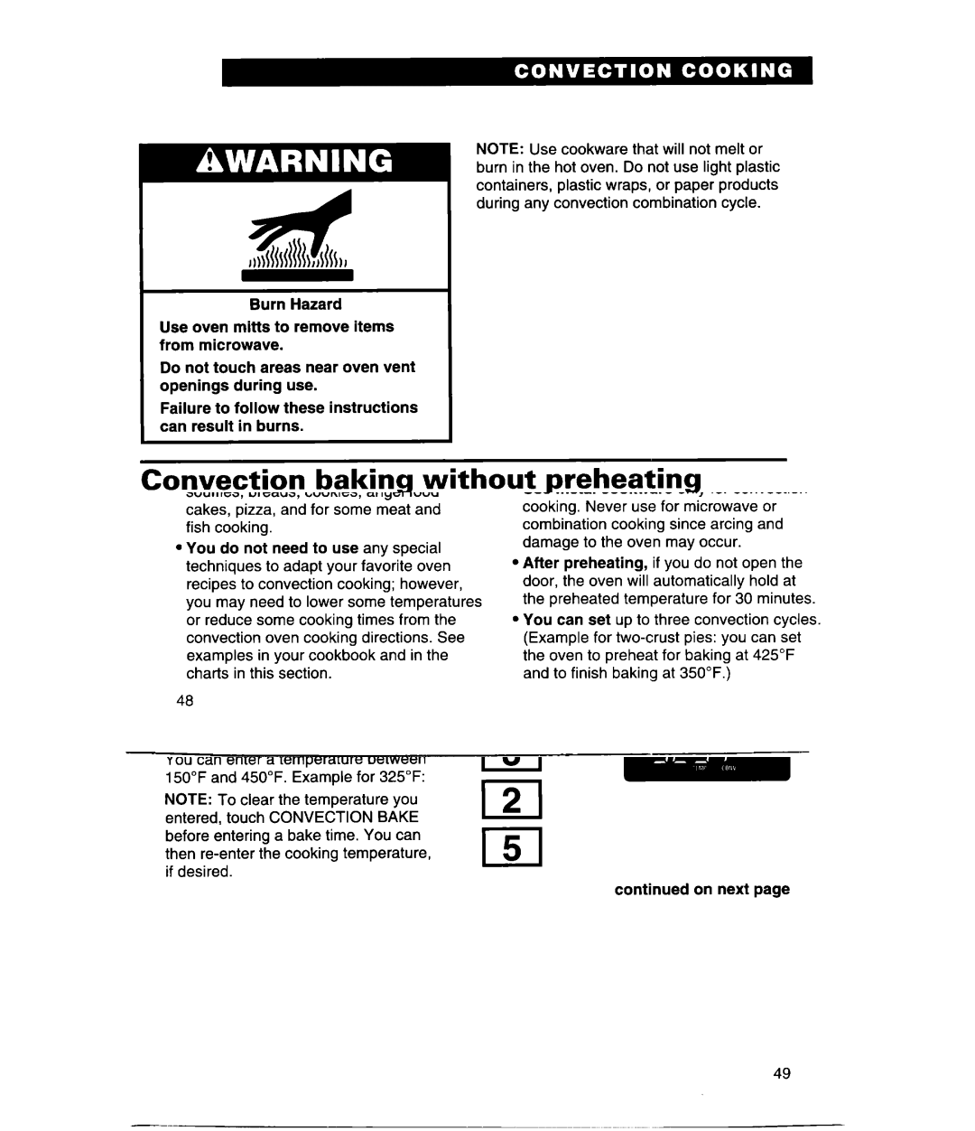 Whirlpool GH9115XE, MH9115XE warranty Convection baking without preheating, Set baking temperature 