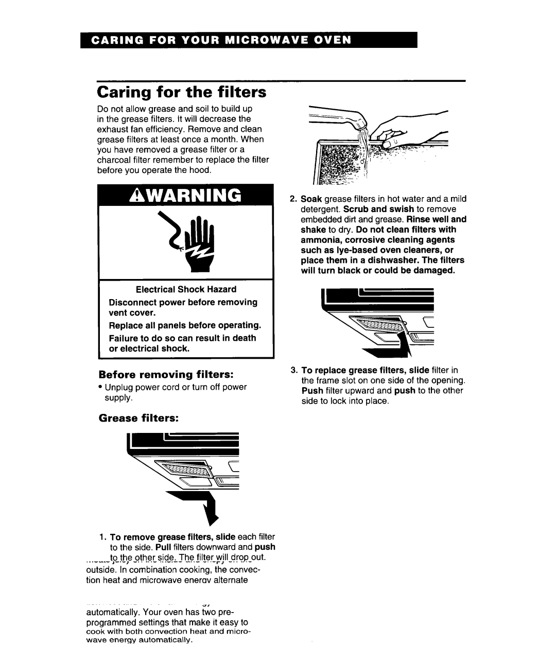 Whirlpool MH9115XE, GH9115XE warranty Caring for the filters, Before removing filters, Grease filters 