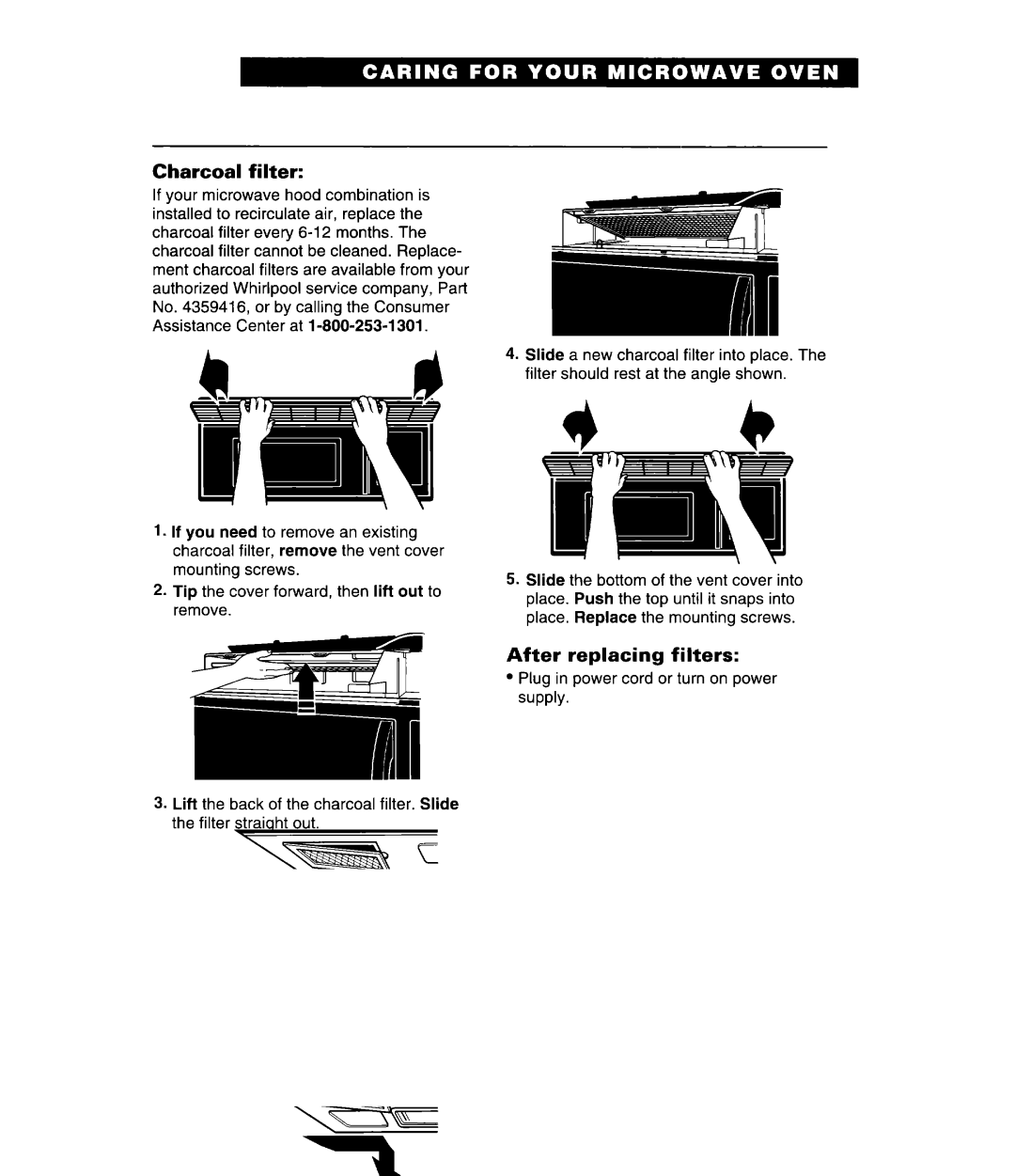 Whirlpool GH9115XE, MH9115XE warranty Charcoal filter, After replacing filters 