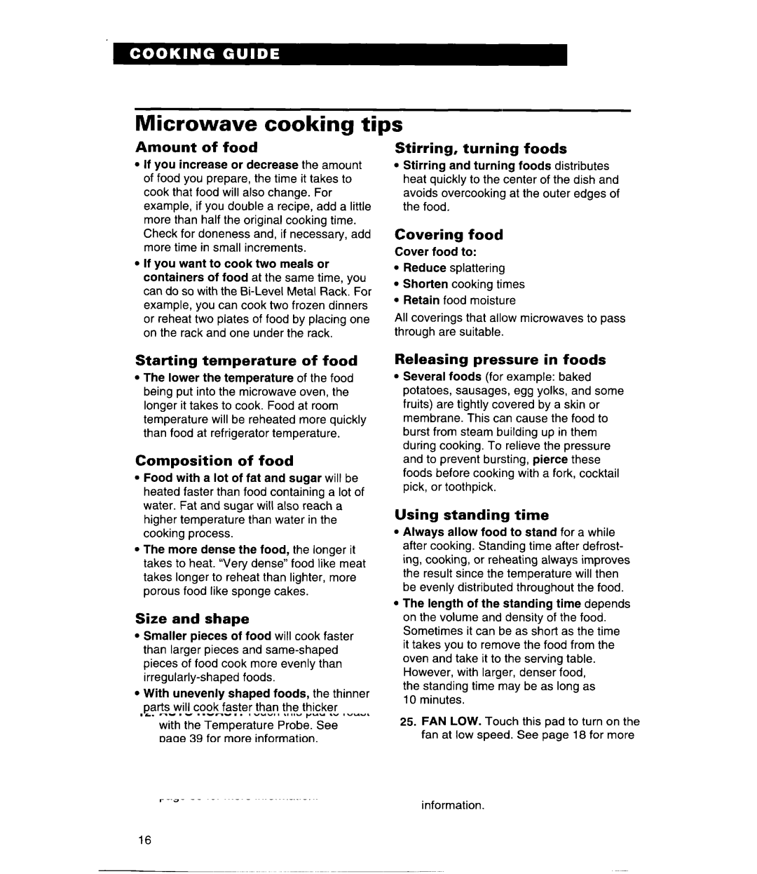 Whirlpool MH9115XE, GH9115XE warranty Microwave cooking tips 