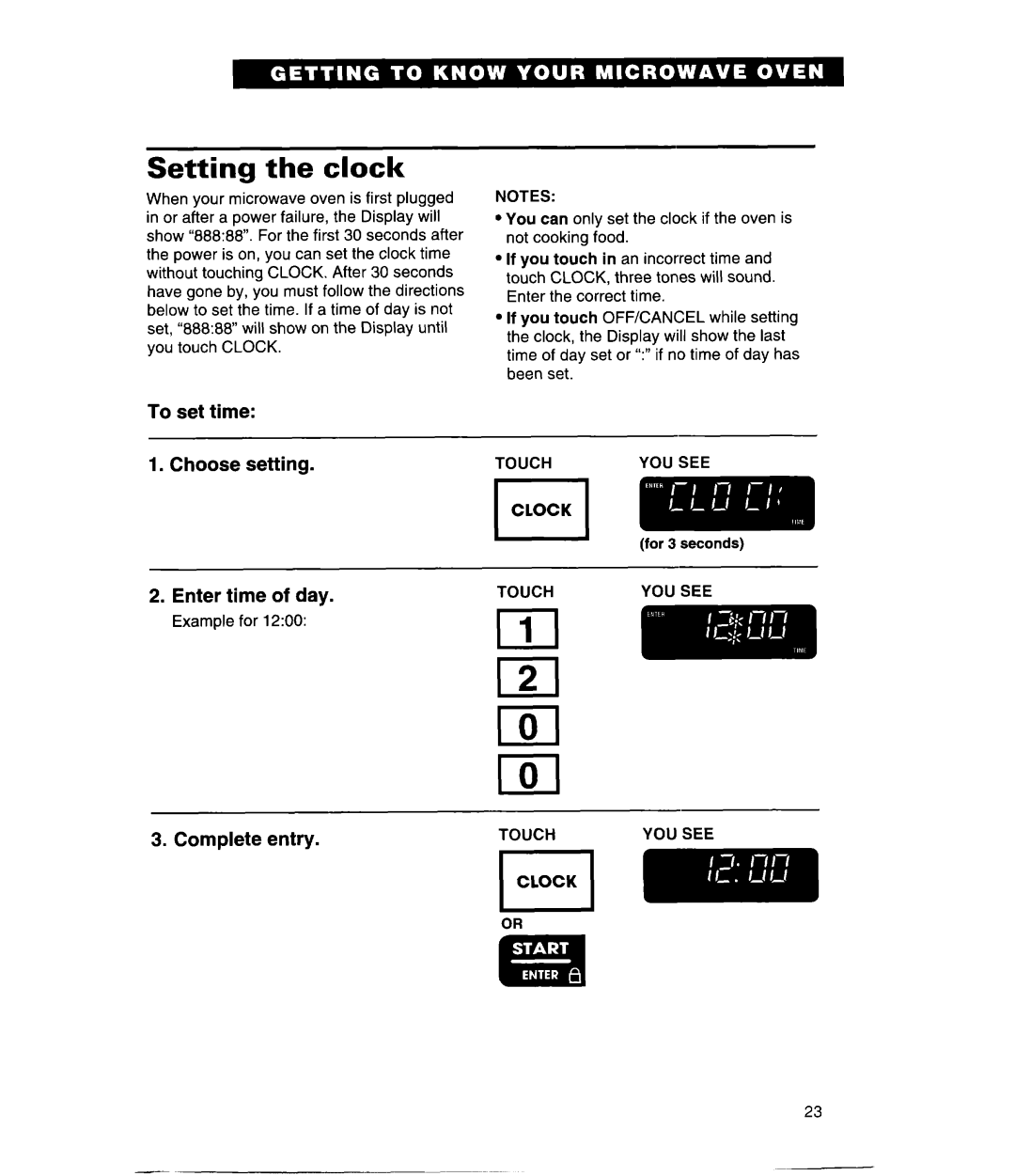 Whirlpool GH9115XE, MH9115XE warranty Setting the clock, To set time 1. Choose setting, Enter time, of day, Complete entry 