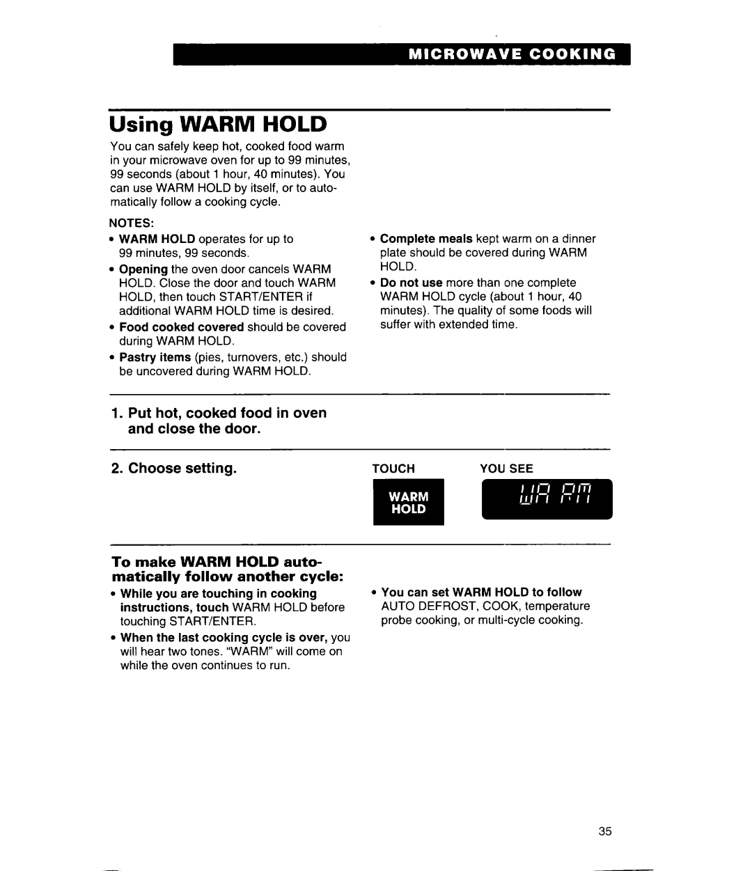 Whirlpool GH9115XE, MH9115XE warranty Using WARM HOLD, Put hot, cooked food in oven and close the door, Choose setting 