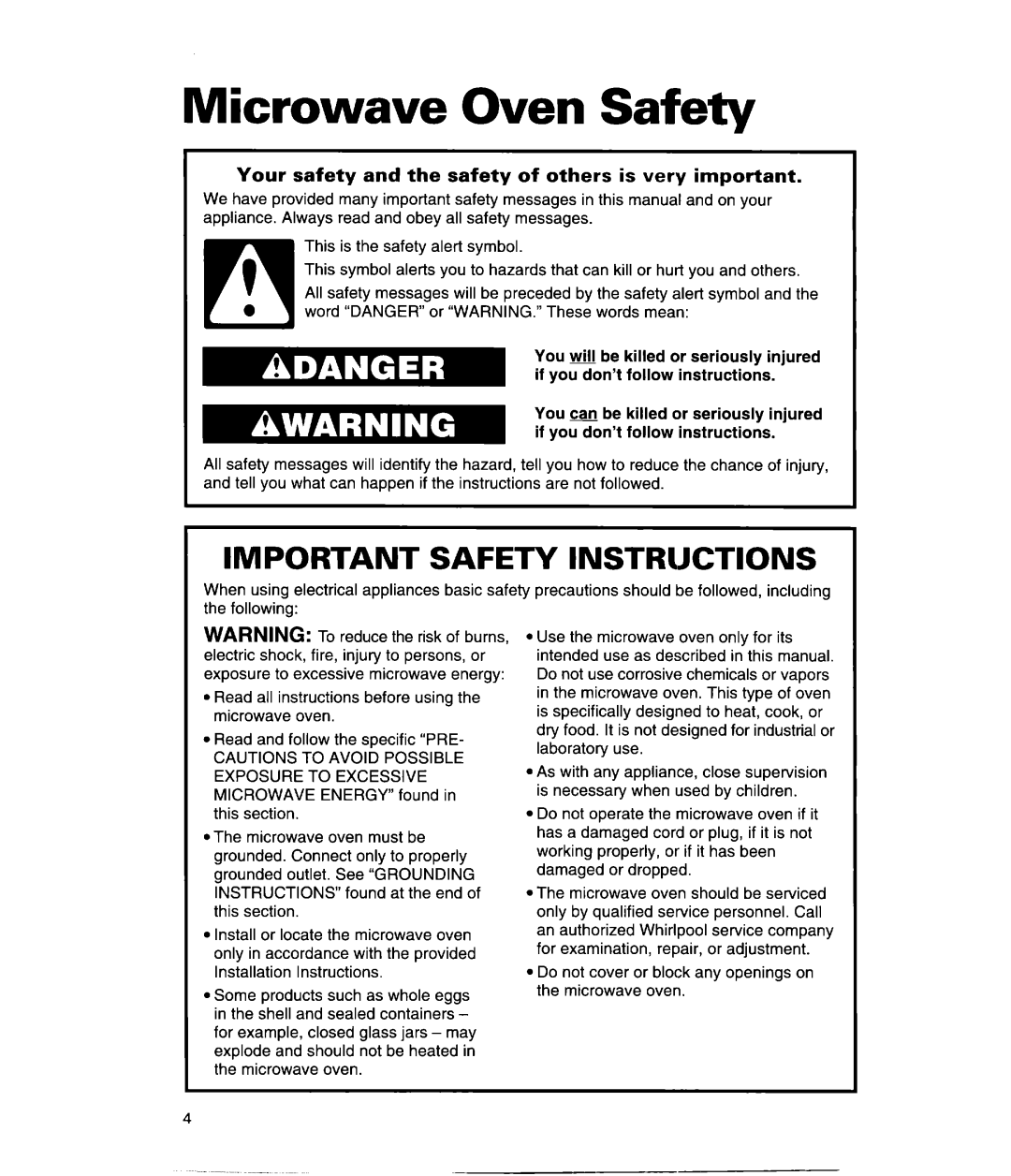 Whirlpool MH9115XE, GH9115XE warranty Important Safety Instructions 