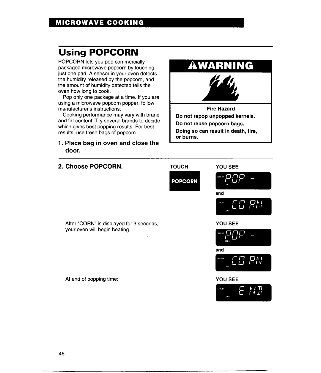 Whirlpool MH9115XE, GH9115XE warranty Using POPCORN, Place bag in oven and close the door, Choose POPCORN 