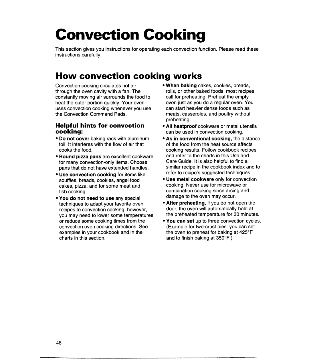 Whirlpool MH9115XE, GH9115XE Convection Cooking, How convection cooking, works, Helpful hints for convection cooking 
