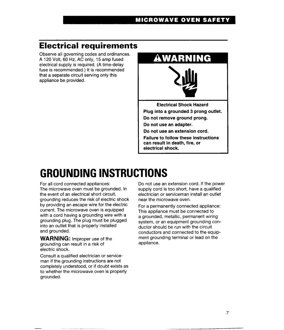 Whirlpool GH9115XE, MH9115XE warranty Groundinginstructions, Electrical requirements 