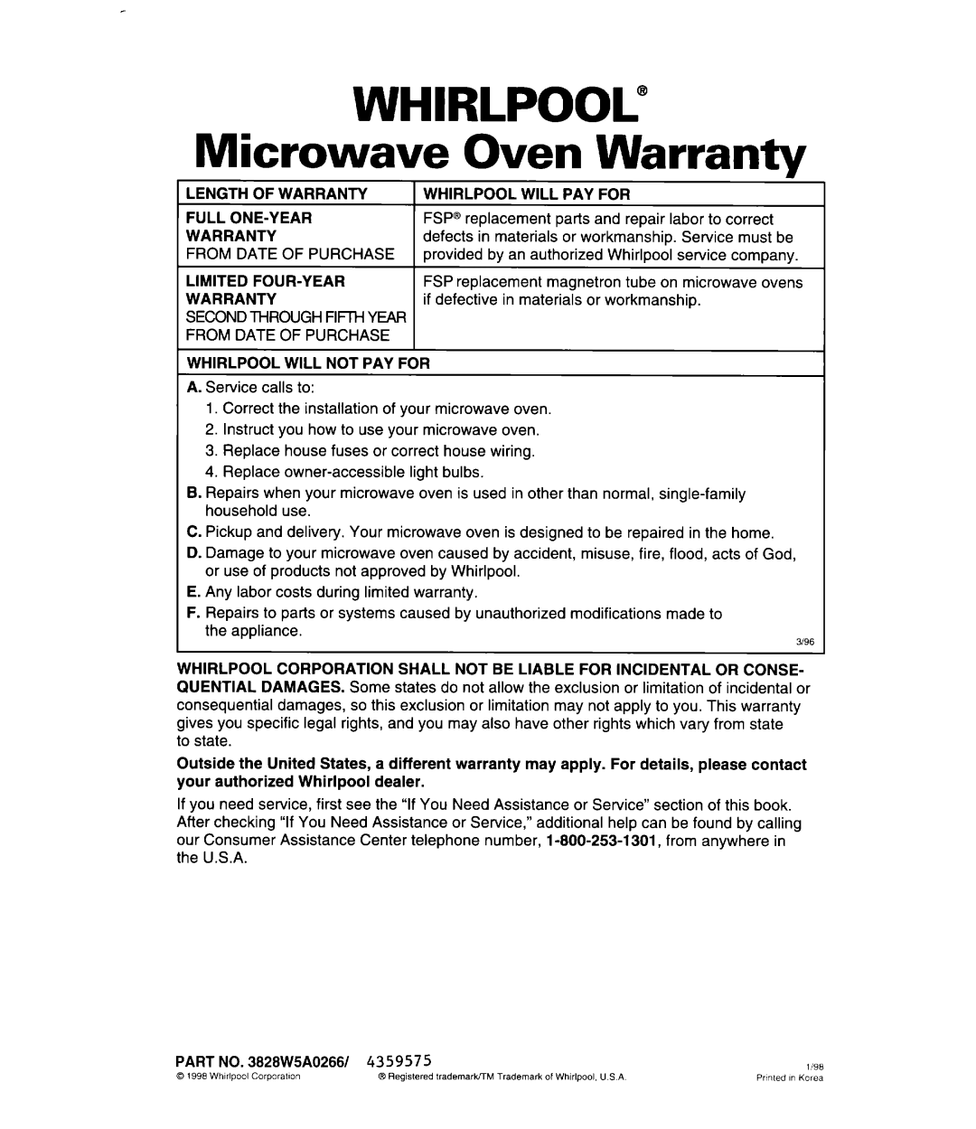Whirlpool GH9115XE, MH9115XE warranty WHIRLPOOL” Microwave Oven Warranty 