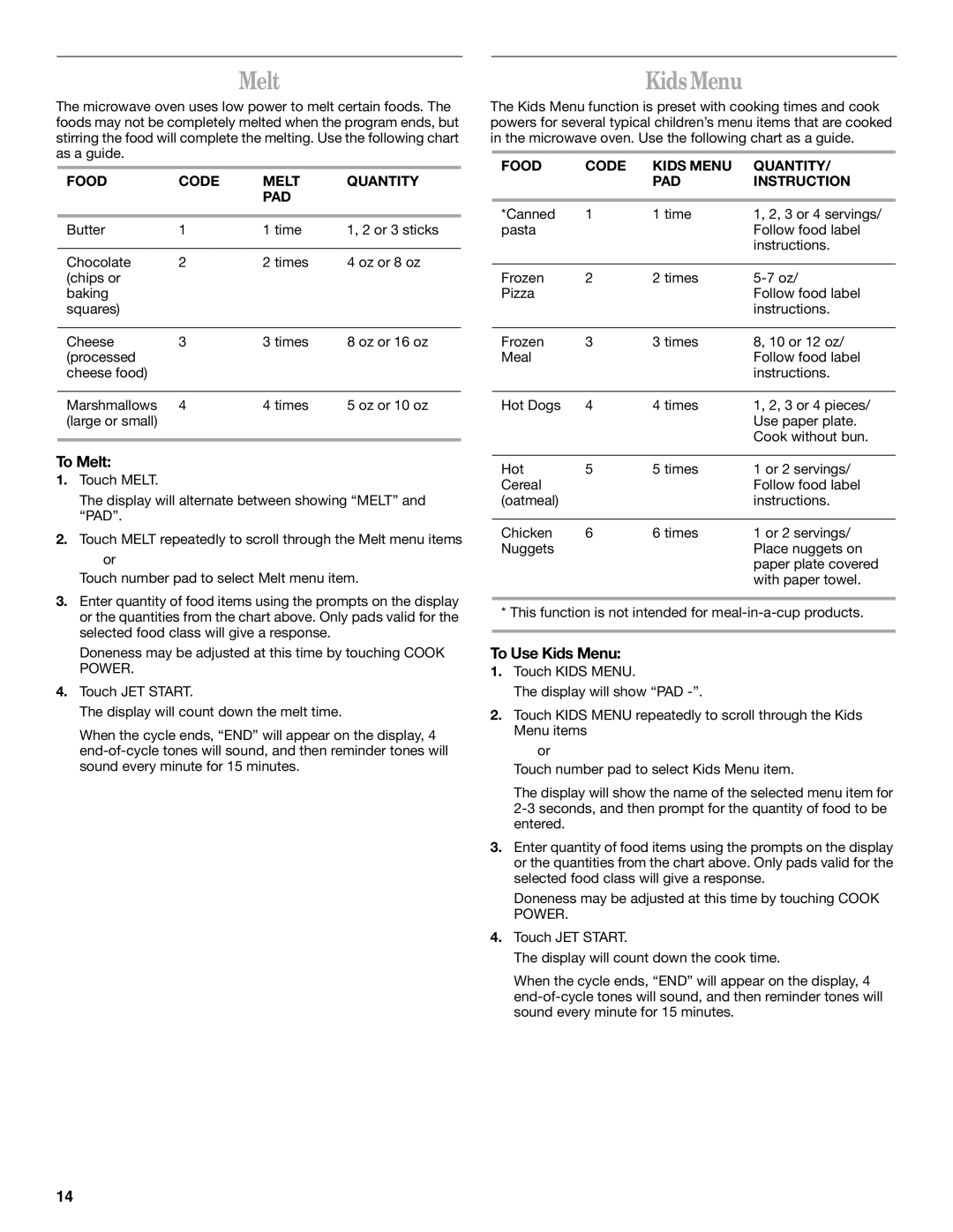 Whirlpool MH9180XL manual To Melt, To Use Kids Menu 