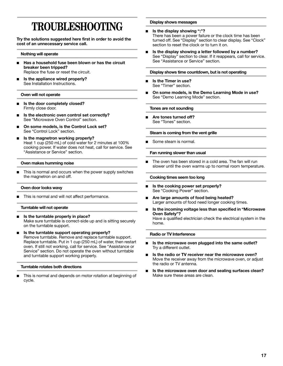 Whirlpool MH9180XL manual Troubleshooting 