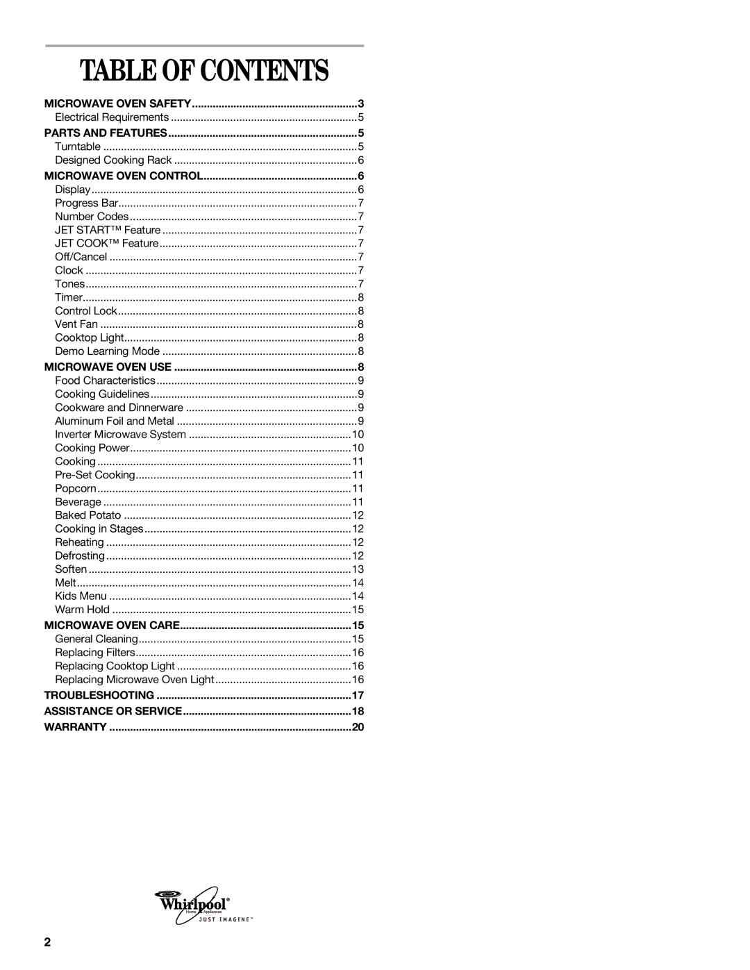 Whirlpool MH9180XL manual Table of Contents 