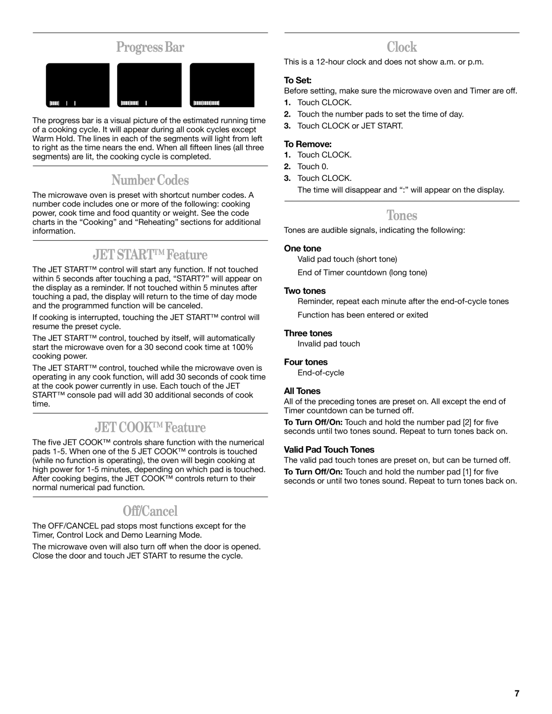 Whirlpool MH9180XL manual ProgressBar, Number Codes, JET Start Feature, JET Cook Feature, Off/Cancel, Clock, Tones 