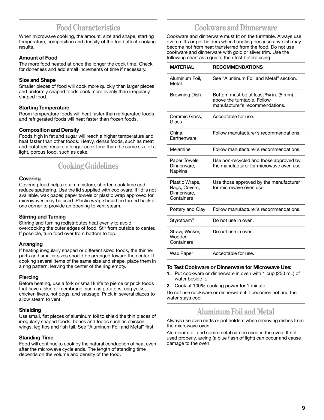 Whirlpool MH9180XL manual Food Characteristics, Cooking Guidelines, Cookware and Dinnerware, Aluminum Foil and Metal 