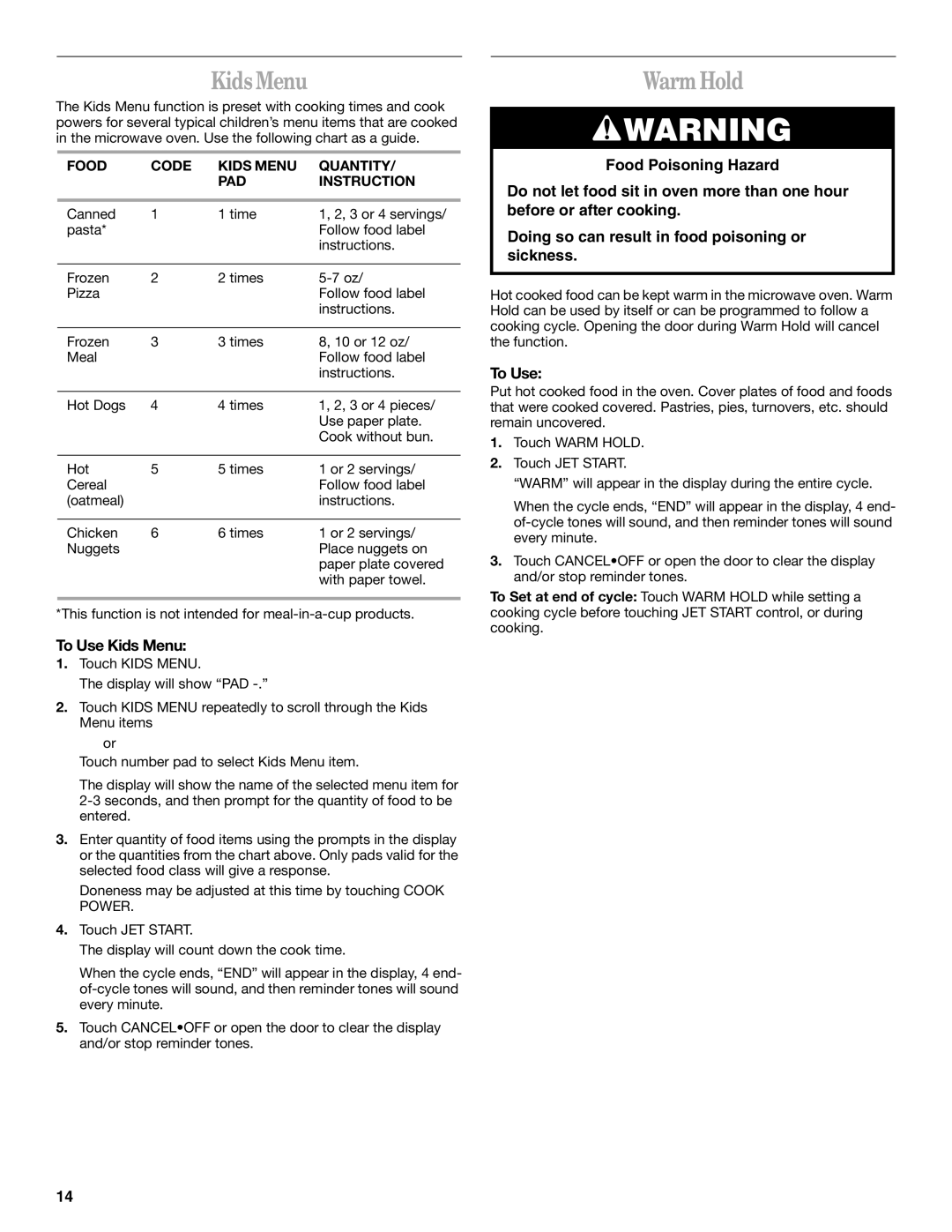 Whirlpool MH9181XM manual Warm Hold, To Use Kids Menu, Food Code Kids Menu Quantity PAD Instruction 