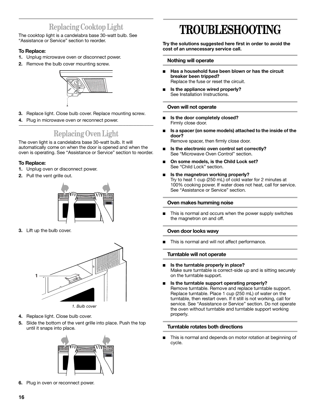 Whirlpool MH9181XM manual Troubleshooting, Replacing Cooktop Light, Replacing Oven Light 