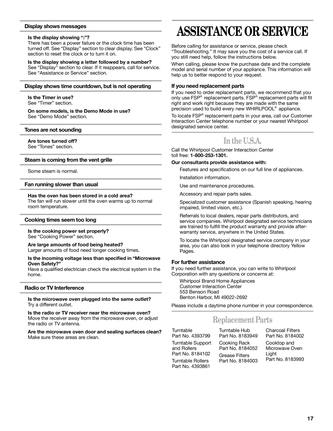 Whirlpool MH9181XM manual U.S.A, Replacement Parts 