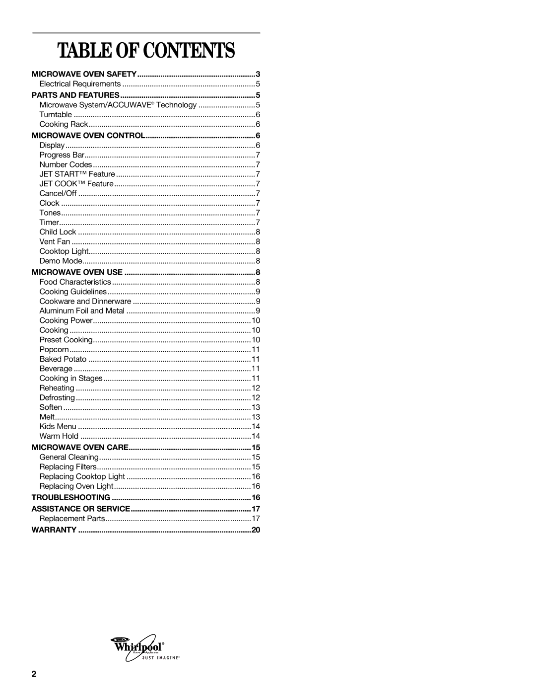 Whirlpool MH9181XM manual Table of Contents 