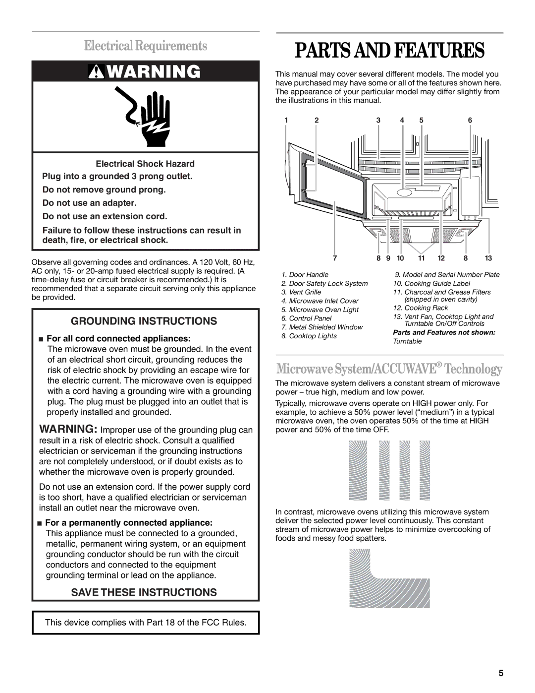 Whirlpool MH9181XM manual Parts and Features, Electrical Requirements 