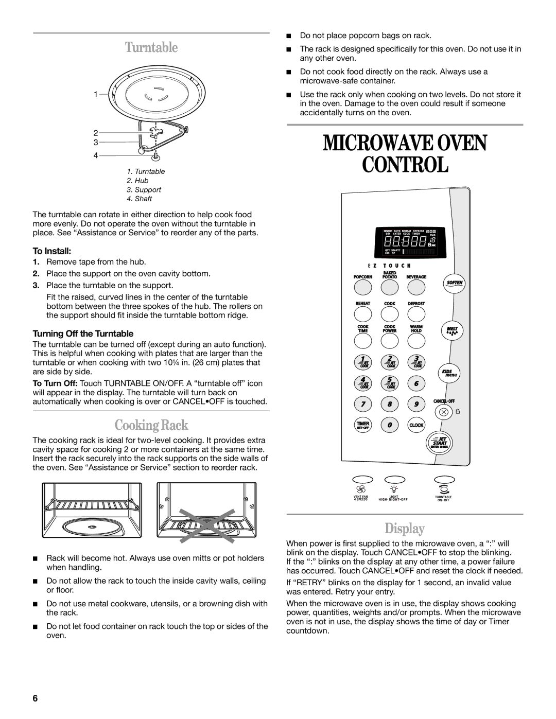 Whirlpool MH9181XM manual Microwave Oven Control, Turntable, Cooking Rack, Display 