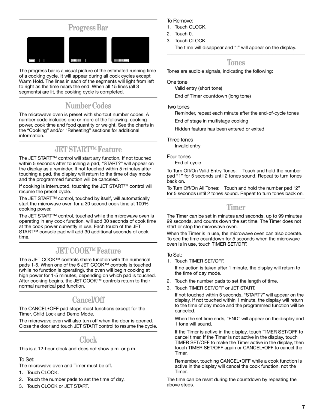 Whirlpool MH9181XM manual Progress Bar, Number Codes, JET Start Feature, JET Cook Feature, Cancel/Off, Clock, Tones, Timer 