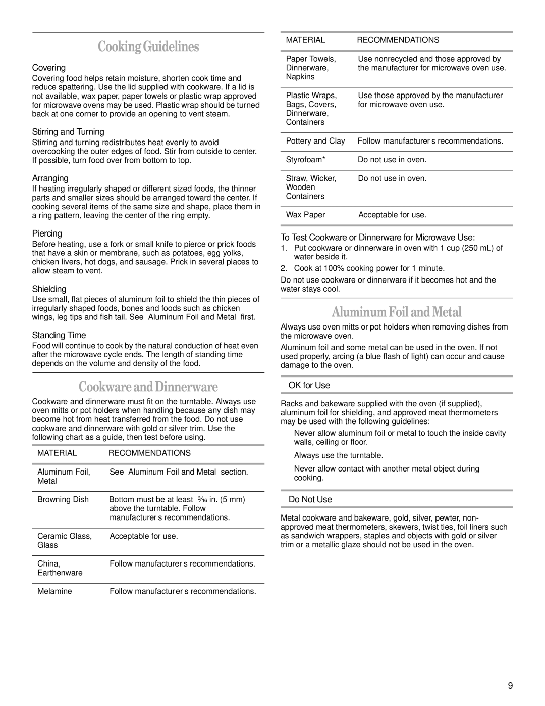 Whirlpool MH9181XM manual Cooking Guidelines, Aluminum Foil and Metal, Cookware and Dinnerware 