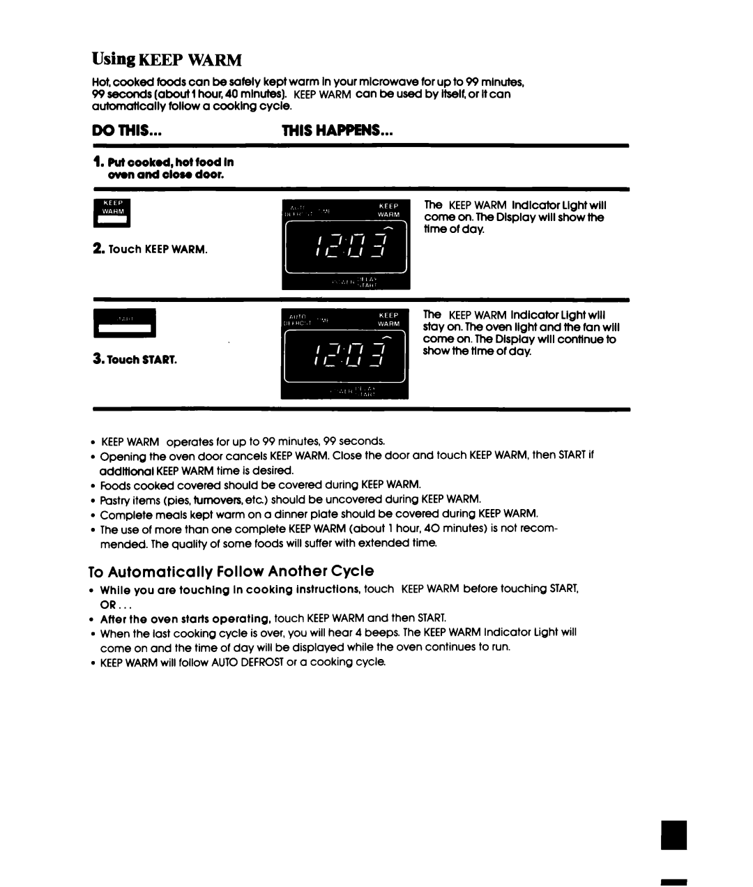 Whirlpool MHE10VW Using Keep Warm, Do this, To Automatically Follow Another Cycle, Putcooked, hot food Oven and oloso door 