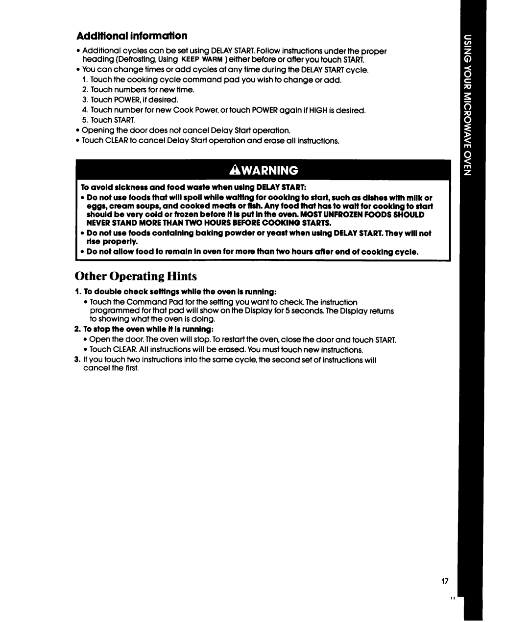 Whirlpool MHE10RW Other Operating Hints, Addifional information, To double check sefflngs while the oven Is running 