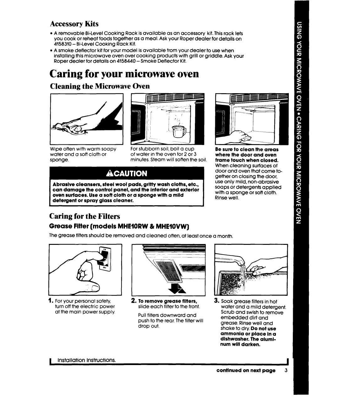 Whirlpool MHE10RW Caring for your microwave oven, Accessory Kits, Cleaning the Microwave Oven, Caring for the Filters 