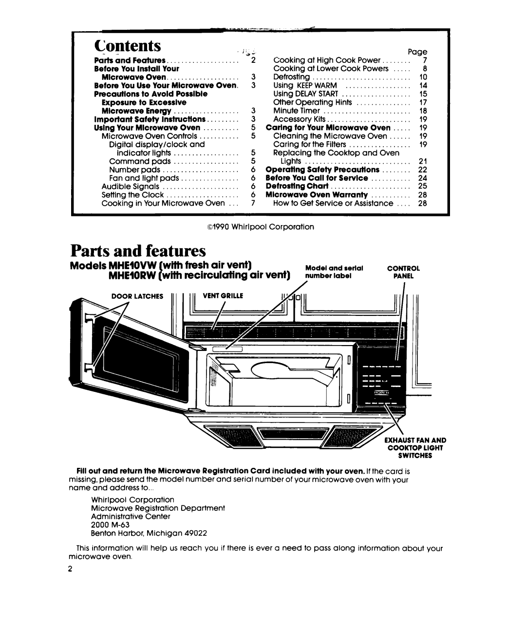 Whirlpool MHE10VW, MHE10RW warranty Contents, Parts and features 