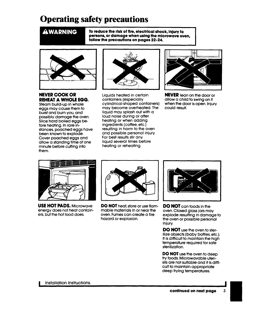 Whirlpool MHE10VW, MHE10RW warranty Operating safety precautions, Nevercook or Reheata Whole EGG 