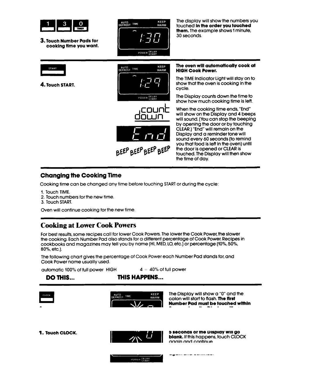 Whirlpool MHE10VW Cooking at Lower Cook Powers, Changing the Cooking Time, Oven will automattcally cook at High Cook Power 