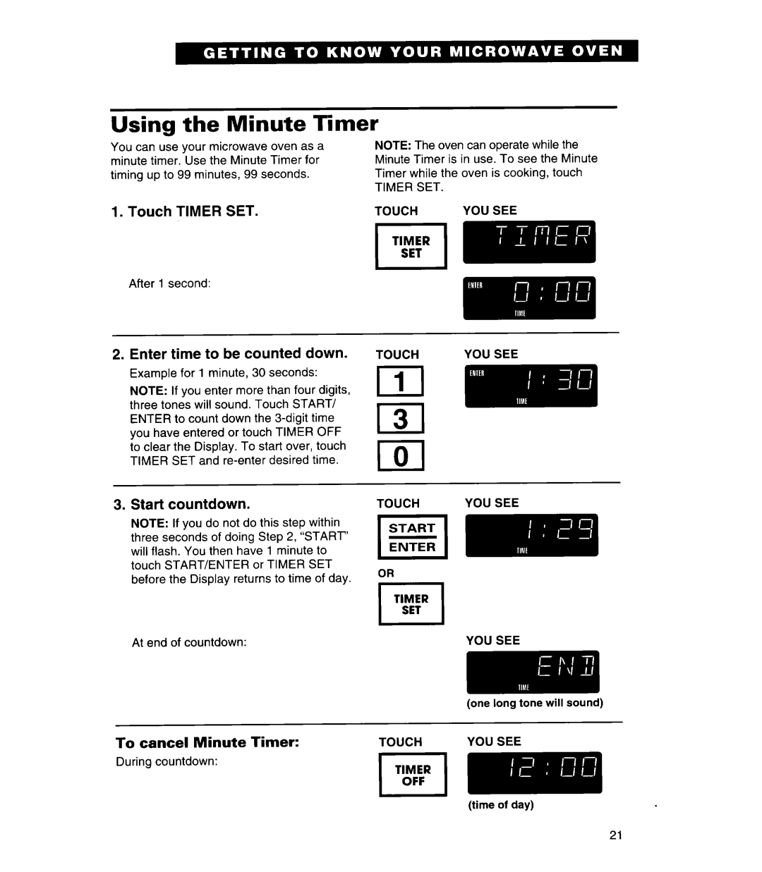 Whirlpool Q, MHE11REB Using the Minute Timer, Enter time to be counted down, Start countdown, To cancel Minute Timer 