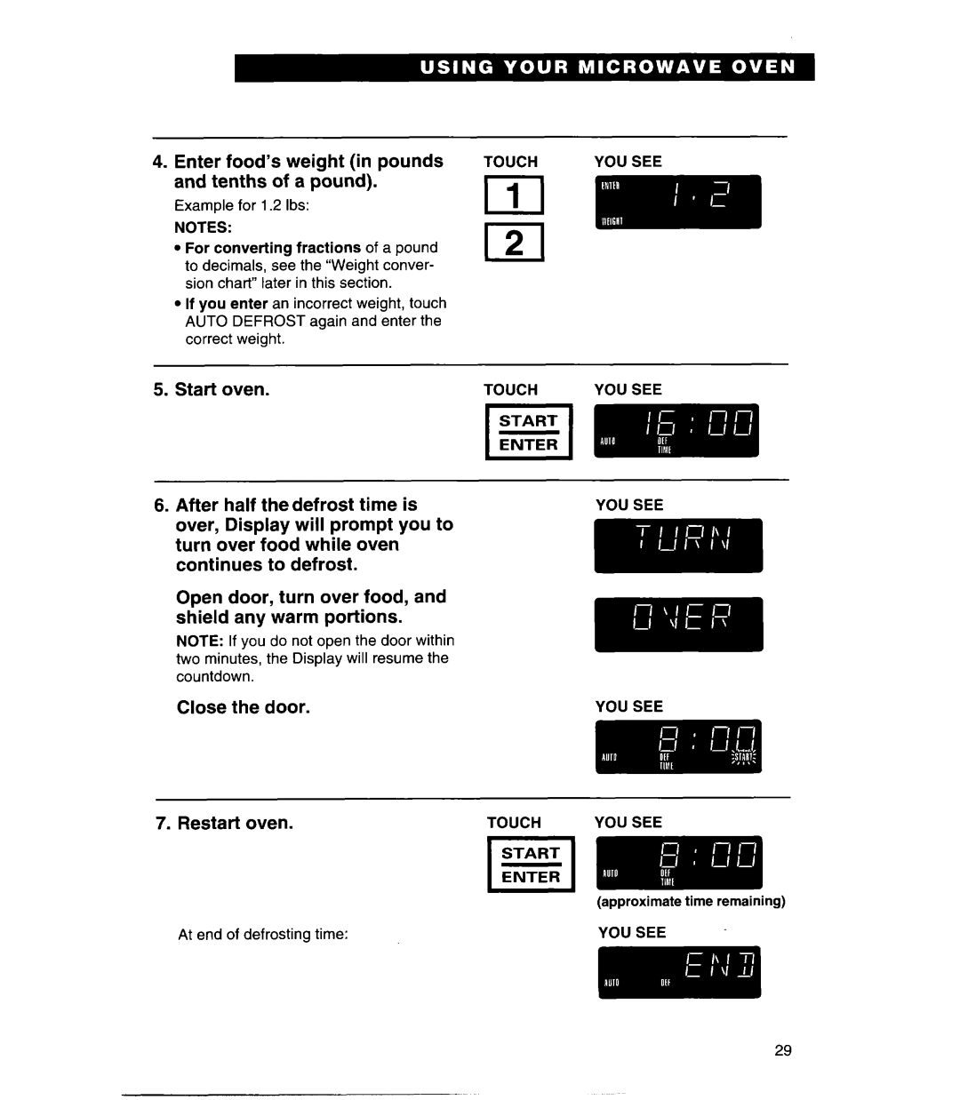 Whirlpool Q, MHE11REB warranty Enter Food’s Weight in pounds, Tenths of a pound, After half Thedefrost Time is, Restart oven 