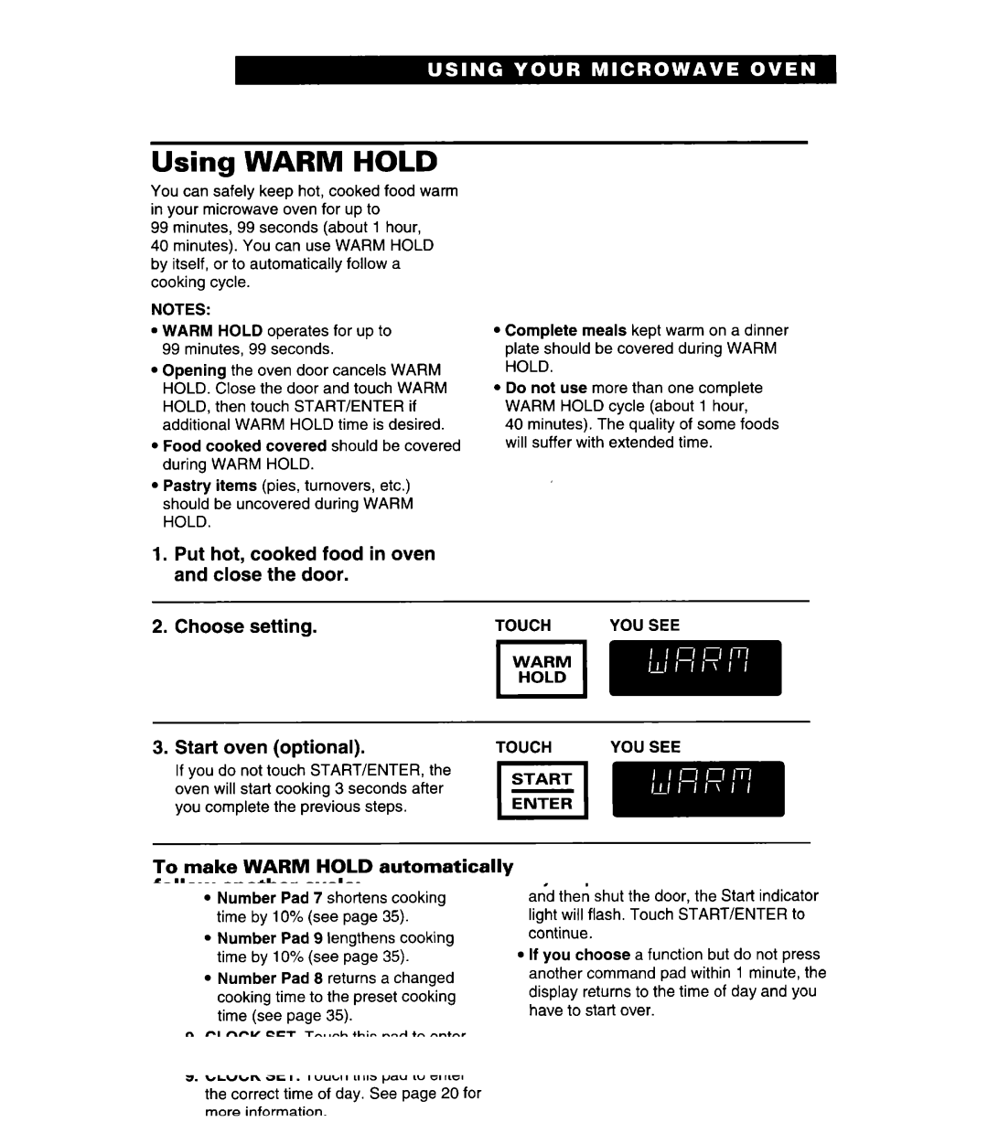 Whirlpool Q Using Warm Hold, Start oven optional, To make Warm Hold automatically follow another cycle, Auto DEFROST, Cook 