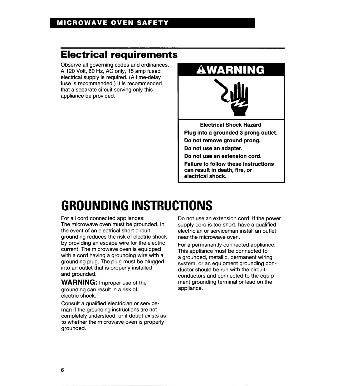 Whirlpool MHE11REB, Q warranty Groundinginstructions, Electrical requirements 