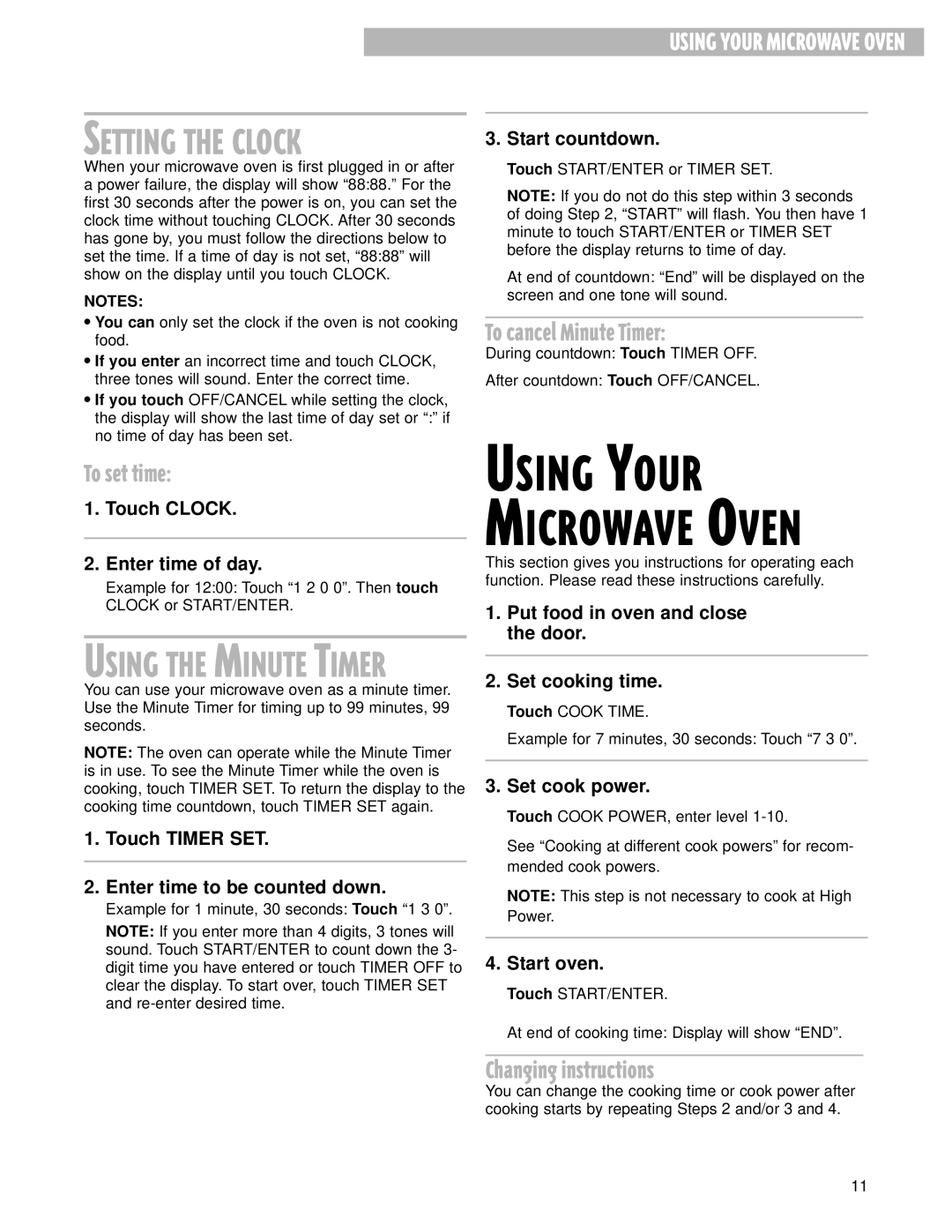 Whirlpool MHE13XH warranty To set time, To cancel Minute Timer, Changing instructions 