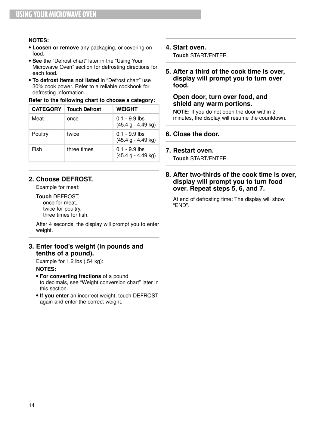 Whirlpool MHE13XH warranty Choose Defrost, Enter food’s weight in pounds and tenths of a pound 