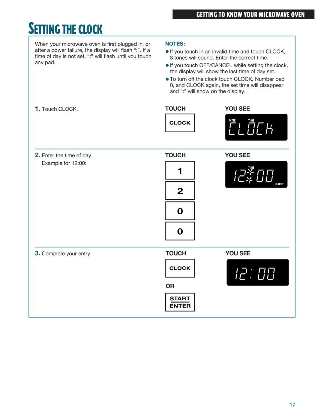 Whirlpool MHE14RF installation instructions Setting the CLOCK¼ 