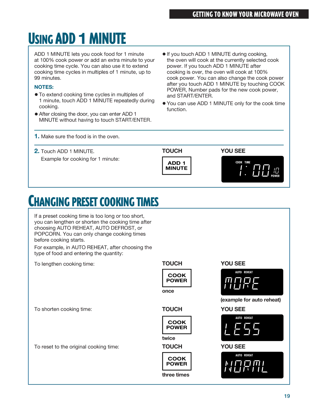 Whirlpool MHE14RF installation instructions Changing Preset Cooking Times 