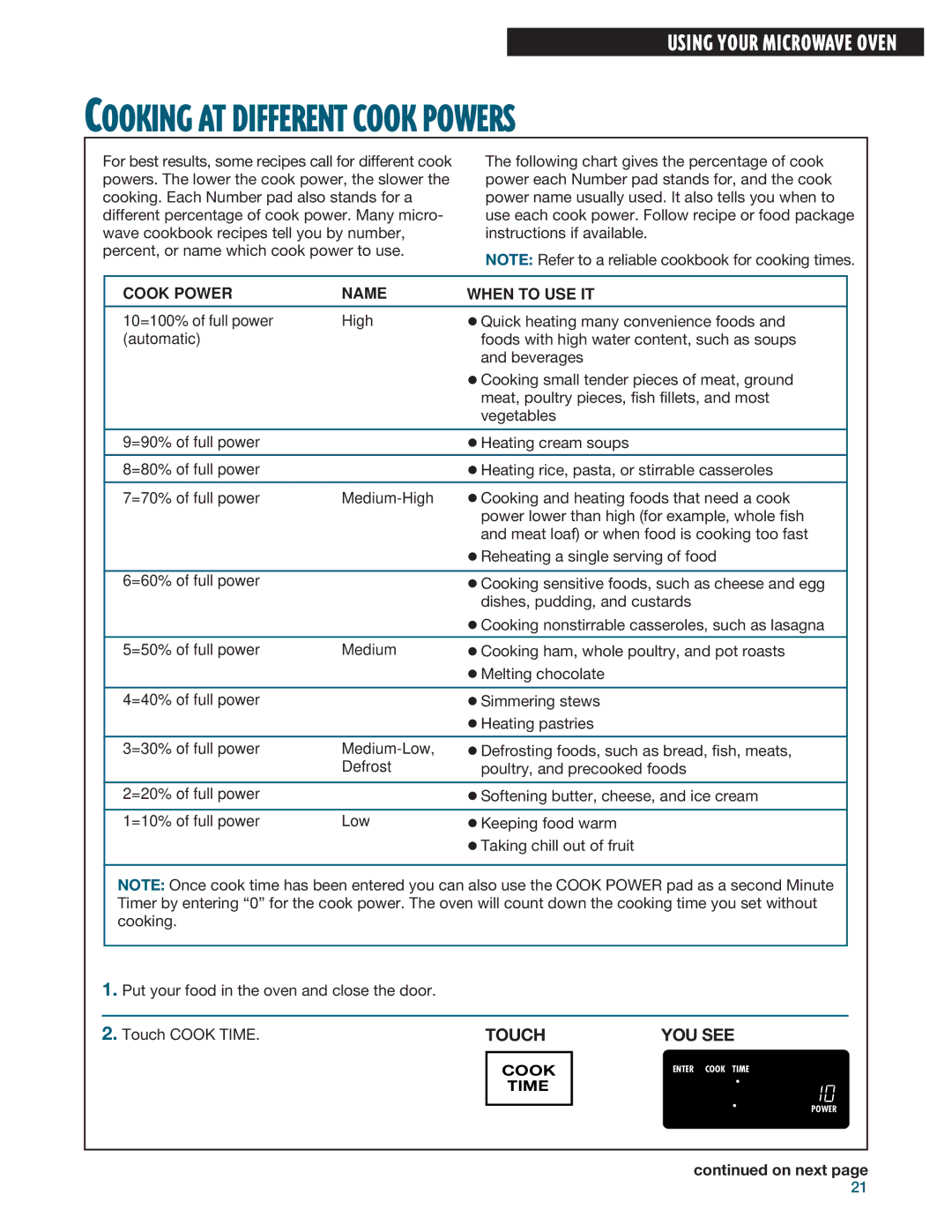 Whirlpool MHE14RF installation instructions Cooking AT Different Cook Powers 