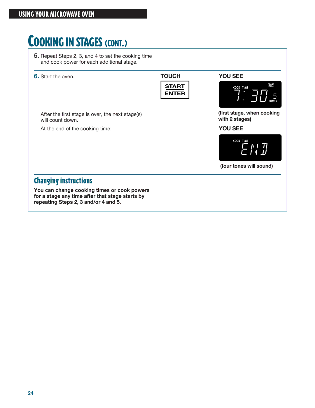 Whirlpool MHE14RF installation instructions First stage, when cooking with 2 stages 