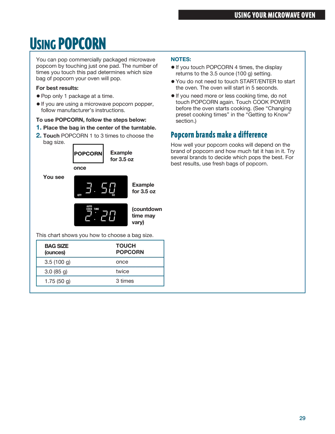 Whirlpool MHE14RF installation instructions Popcorn brands make a difference, BAG Size Touch 