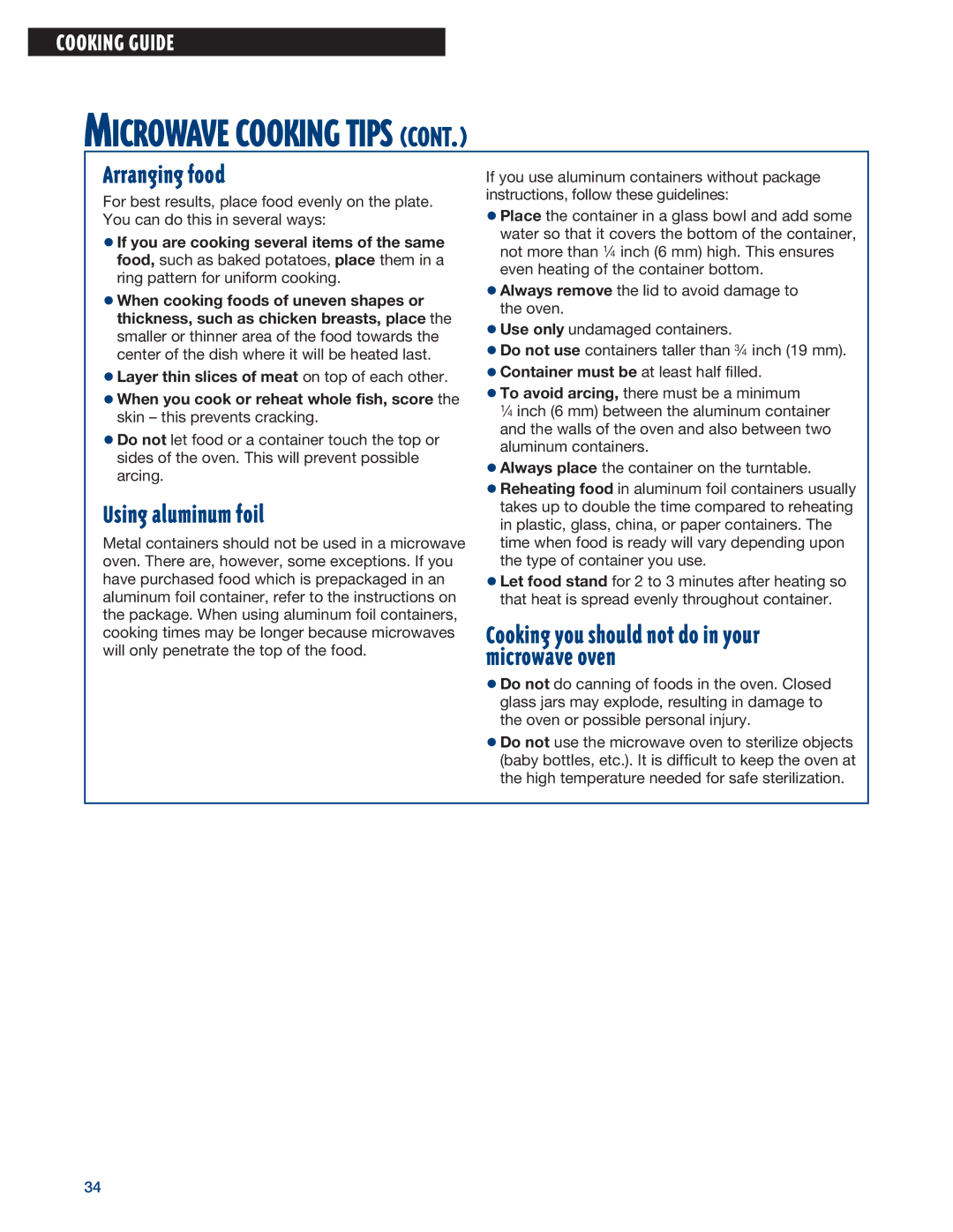 Whirlpool MHE14RF installation instructions Arranging food 