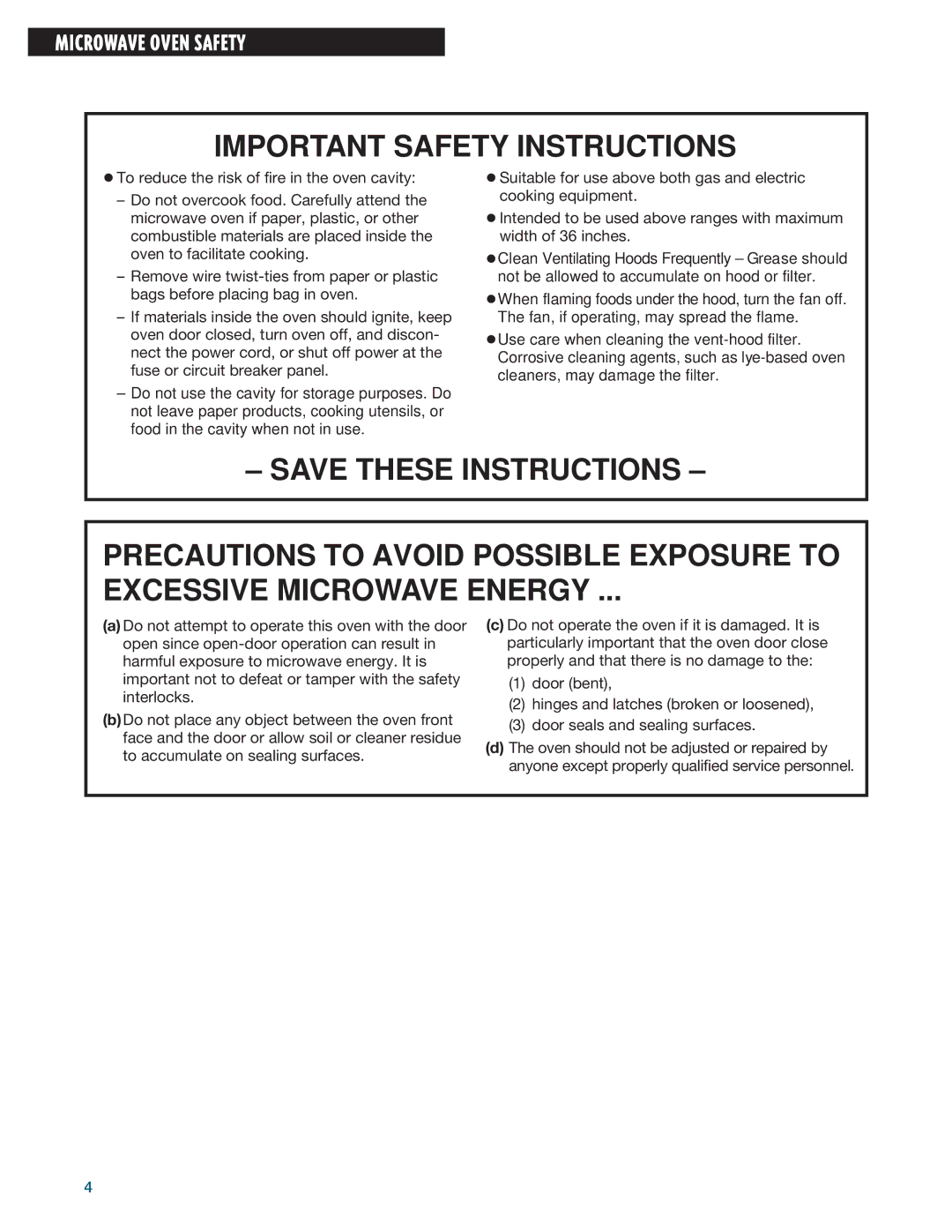 Whirlpool MHE14RF installation instructions Important Safety Instructions 